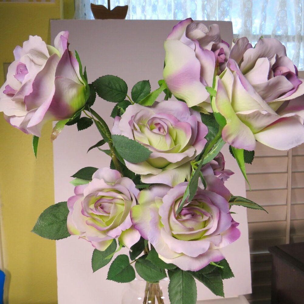 Lavender Purple Roses (7) single long stem silk flowers with soft fabric petals
